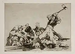 A civilian man holds a hatchet over his head, and is about to strike the heads of his kneeling captives, who are defeated soldiers in uniform.