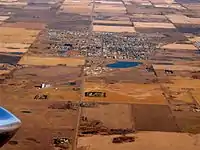 Looking east at Morinville; Highway 2 passes west of the town