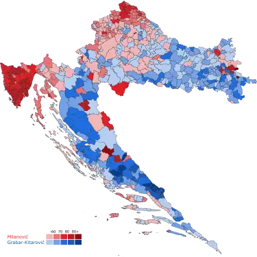 2nd round results by municipality, shaded according to winning candidate's percentage of the vote.