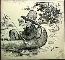Caricature of Coolidge fishing on the lake.