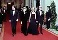 President Ronald Reagan and First Lady Nancy Reagan with Prime Minister Margaret Thatcher and Denis Thatcher at the beginning of an official dinner at the White House, 1981.
