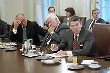 Reagan in the White House to discuss the Grenada situation with a bipartisan group of members of Congress, October 1983