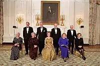 The Fords post for a photograph with three other U.S. first couples (George H. W. and Barbara Bush, Bill and Hillary Clinton, Jimmy and Rosalynn Carter) during at the 2000 White House Historical Association Dinner