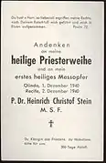 Reverse side of the in memoriam card for the ordination to priesthood and the first mass of a member of the Congregatio Missionariorum a Sancta Familia in 1940