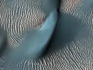 HiRISE image of the crater with transverse aeolian ridges surrounding a large dune