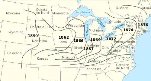 Expansion of the Colorado potato beetle's range in North America, 1859–1876