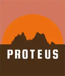 Pixelated hills are silhouetted against an orange sunset. The word Proteus is written in white.