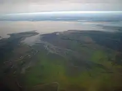Aerial view of the auls of Pshikuykhabl (left) and Tauykhabl (right) near Krasnodar Reservoir in Teuchezhsky District