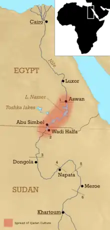 Nubia shows the spread of Qadan Culture along the Nile River (approx. 15,000 years ago)