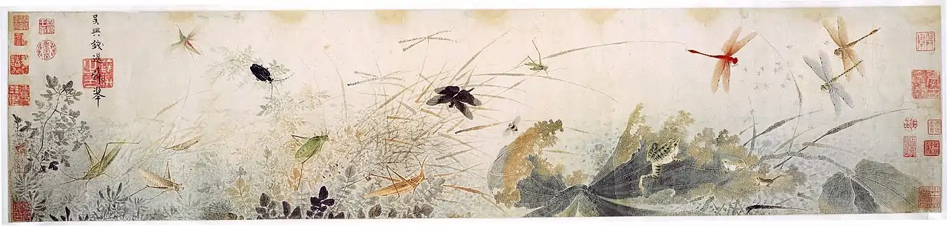 Early Autumn; by Qian Xuan; 13th century; ink and colors on paper scroll; 26.7 × 120.7&nbsp;cm; Detroit Institute of Arts (Detroit, US). The decaying lotus leaves and dragonflies hovering over stagnant water are probably a veiled criticism of Mongol rule
