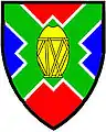 Arms of North West Province, South Africa: Per saltire gules and azure, a saltire quadrate vert, fimbriated argent ...