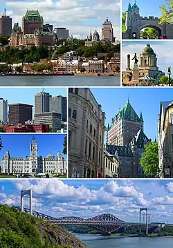 From top, left to right: Quebec City from the St. Lawrence River, the Ramparts of Quebec City, waterfront in Old Quebec, skycrapers in Vieux-Québec, Parliament Building, Château Frontenac, Pierre Laporte Bridge