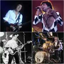 Clockwise from top left: Sir Brian May, Freddie Mercury, Roger Taylor, John Deacon