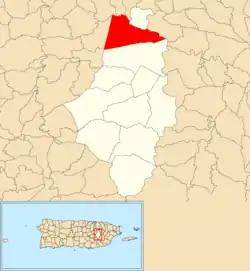 Location of Río Cañas within the municipality of Caguas shown in red