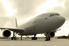 Grey-coloured twin-engined jet on runway