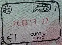 Exit stamp for train travel, issued at Curtici on the Schengen border with Hungary.