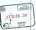 Exit stamp for road travel, issued in Turnu, Arad on the border with Hungary.