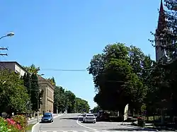 The main street in Buziaș, with the Roman Catholic church on the right