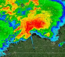 Image 10NEXRAD radar of the Quad-State Supercell from KPAH showing the tornado moments before impacting Mayfield. (from 2021 Western Kentucky tornado)