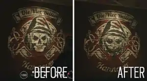 A skull mural before and after addition of goggles and a bandanna.