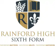 A blue version of the Rainford High Badge. Top left: A wheatsheaf, representing the village of Rainford. Top right: A book, representing learning and knowledge. Bottom left: The letter R, representing the school's name. Bottom right: A fleur-de-lis, representing togetherness and love. Text: Rainford High Sixth Form. Everyone Matters. Everyone Helps. Everyone Succeeds.