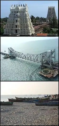 Montage image showing temple, bridge, and fishing boats top to bottom.