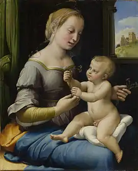In the painting Madonna of the Pinks by Raphael, c. 1506-07, the Christ Child gives a pink flower to the Virgin Mary, symbolizing the union between the mother and child.