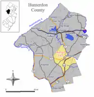 Map of Raritan Township in Hunterdon County. Inset: Location of Hunterdon County highlighted in the State of New Jersey.