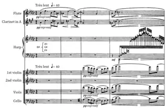 musical score with lines for flute, clarinet, harp and string quartet