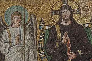 The enthroned Christus with four vanguard angels.