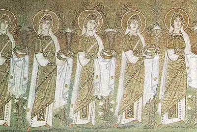 Victoria and Anatolia, portrayed amongst the mosaic Procession of Virgins (Basilica of Sant'Apollinare Nuovo, Ravenna).