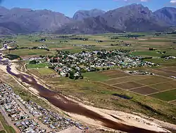 Aerial view of Rawsonville and the Smalblaar River, looking towards Du Toitskloof Pass to the west