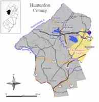 Map of Readington Township in Hunterdon County. Inset: Location of Hunterdon County highlighted in the State of New Jersey.