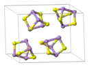 The unit cell of realgar, showing clearly the .mw-parser-output .template-chem2-su{display:inline-block;font-size:80%;line-height:1;vertical-align:-0.35em}.mw-parser-output .template-chem2-su>span{display:block;text-align:left}.mw-parser-output sub.template-chem2-sub{font-size:80%;vertical-align:-0.35em}.mw-parser-output sup.template-chem2-sup{font-size:80%;vertical-align:0.65em}As4S4 molecules it contains