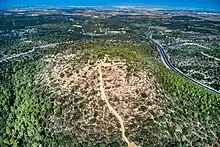 Outpost 21 on Shayarot Ridge&nbsp;[HE] over Sha'ar HaGai - on the right is Highway 1, and on the left is Burma Road