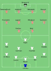 Schéma montrant les compositions des équipes lors de la finale de la Ligue des Champions remportée par l'Étoile Rouge de Belgrade face à l'OM.