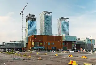 REDI shopping centre and the skyscrapers (Lumo One, Majakka and Loisto) in June 2021