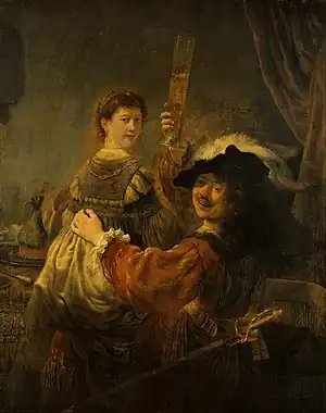 The Prodigal Son in the Tavern portrays two people identified as Rembrandt and his wife Saskia by Rembrandt van Rijn (c. 1635)