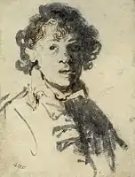 Self-portrait as a young man with mouth open, c. 1629, British Museum. It "emphasises what was to become the shameless, dominant feature of all Rembrandt's self-portraits, the nose."