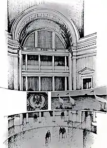 A sketch of a tall rotunda with a panoramic screen showing footages of fauna