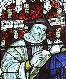 Hakluyt depicted in stained glass in the west window of the south transept of Bristol Cathedral&nbsp;– Charles Eamer Kempe, c. 1905.