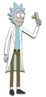 An old man with spiky light blue hair, wearing a lab coat and holding a device in his left hand. He has a unibrow and some green saliva coming out of his mouth.