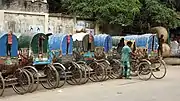 Cycle rickshaw parking in Bangladesh.