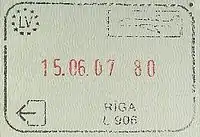 Exit stamp for air travel, issued at Riga International Airport (pre-Schengen stamp with Schengen design)