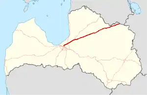 A map of the A2 highway in Latvia.