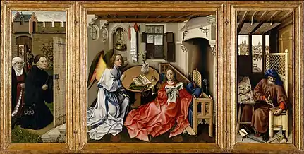 At work in the Mérode Altarpiece, 1420s, attributed to Robert Campin and his workshop