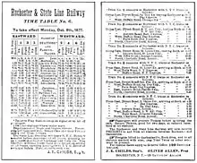 Rochester and State Line Railway timetable of 8 October 1877. The name, J E Child, sometimes appears as J E Childs.