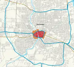 Location of downtown Rochester. Red areas are always defined as downtown; orange areas are sometimes defined as downtown.