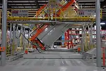 Picture of a Rock and Roll rotational moulding machine at an inclination of 45 degrees