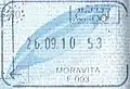 Exit stamp for rail travel, issued in Moravița on the border with Serbia.